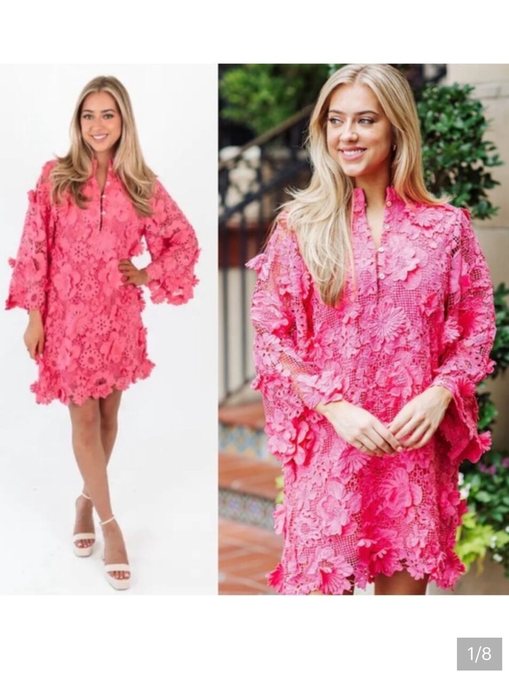 J.Marie Seraphina Floral 3D Lace Split V Neck Long Sleeve Shift Dress Small NEW